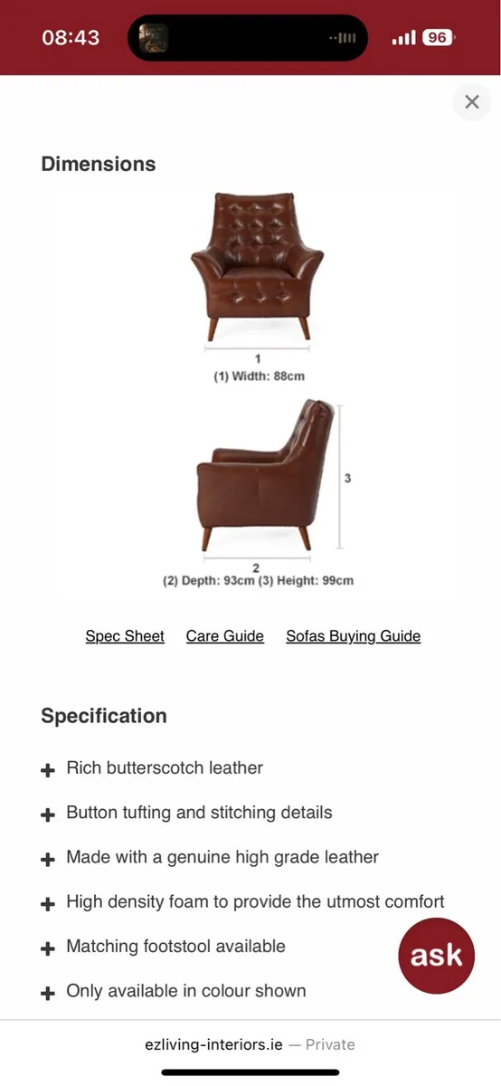 EZ Living Gianni Butterscotch Leather Armchair - Image 4