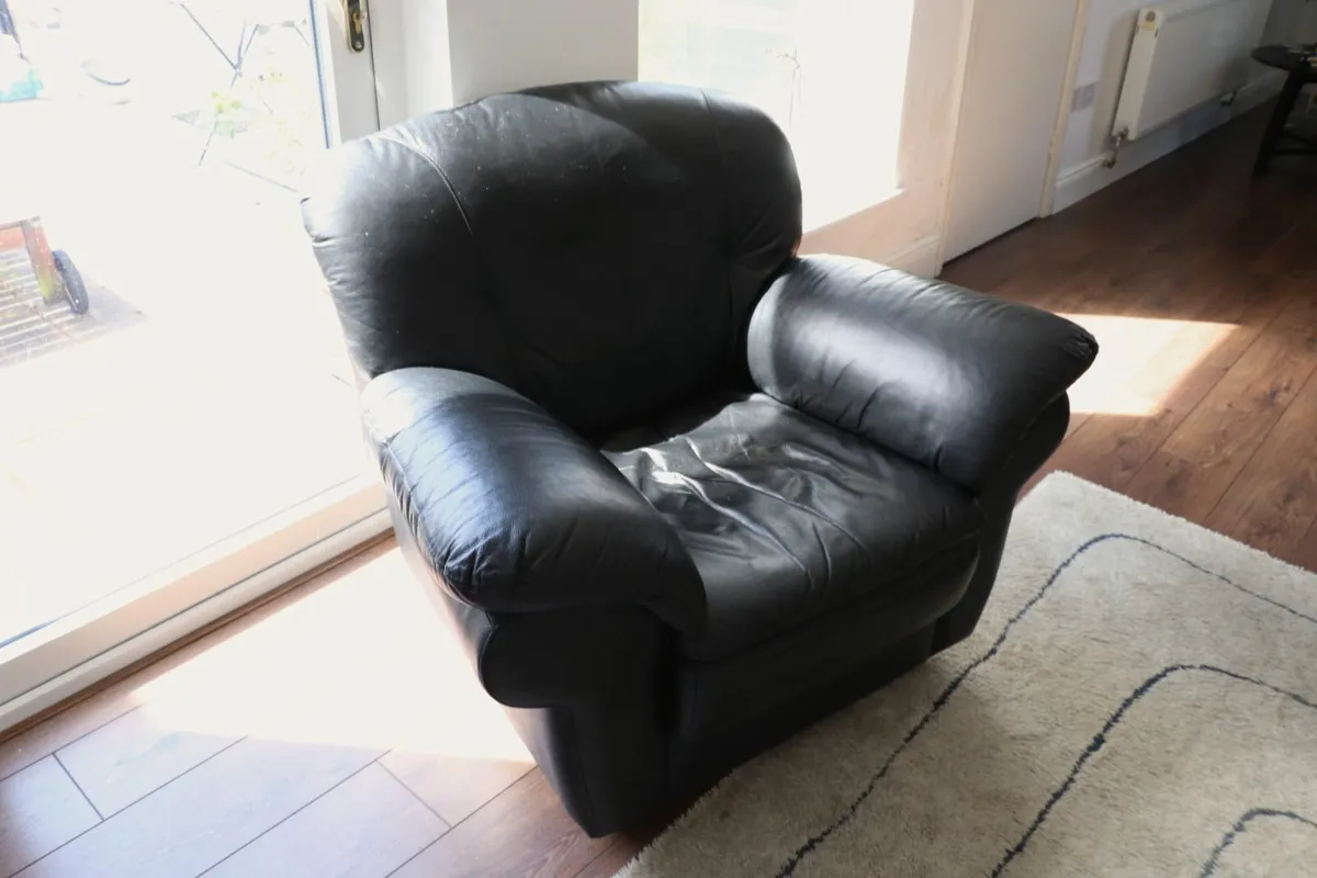 Black Leather Sofa + 2 Matching Armchairs - Image 2