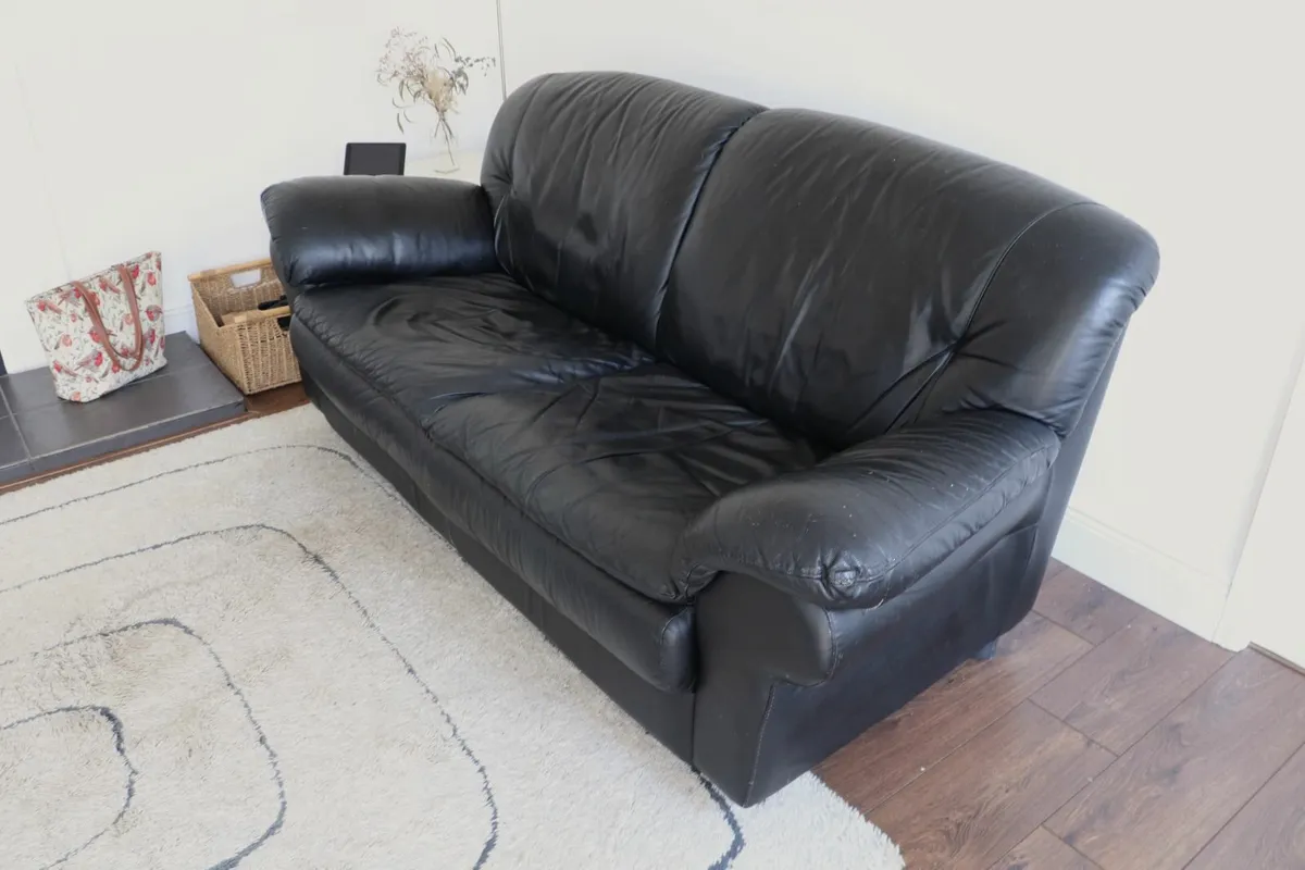 Black Leather Sofa + 2 Matching Armchairs - Image 3
