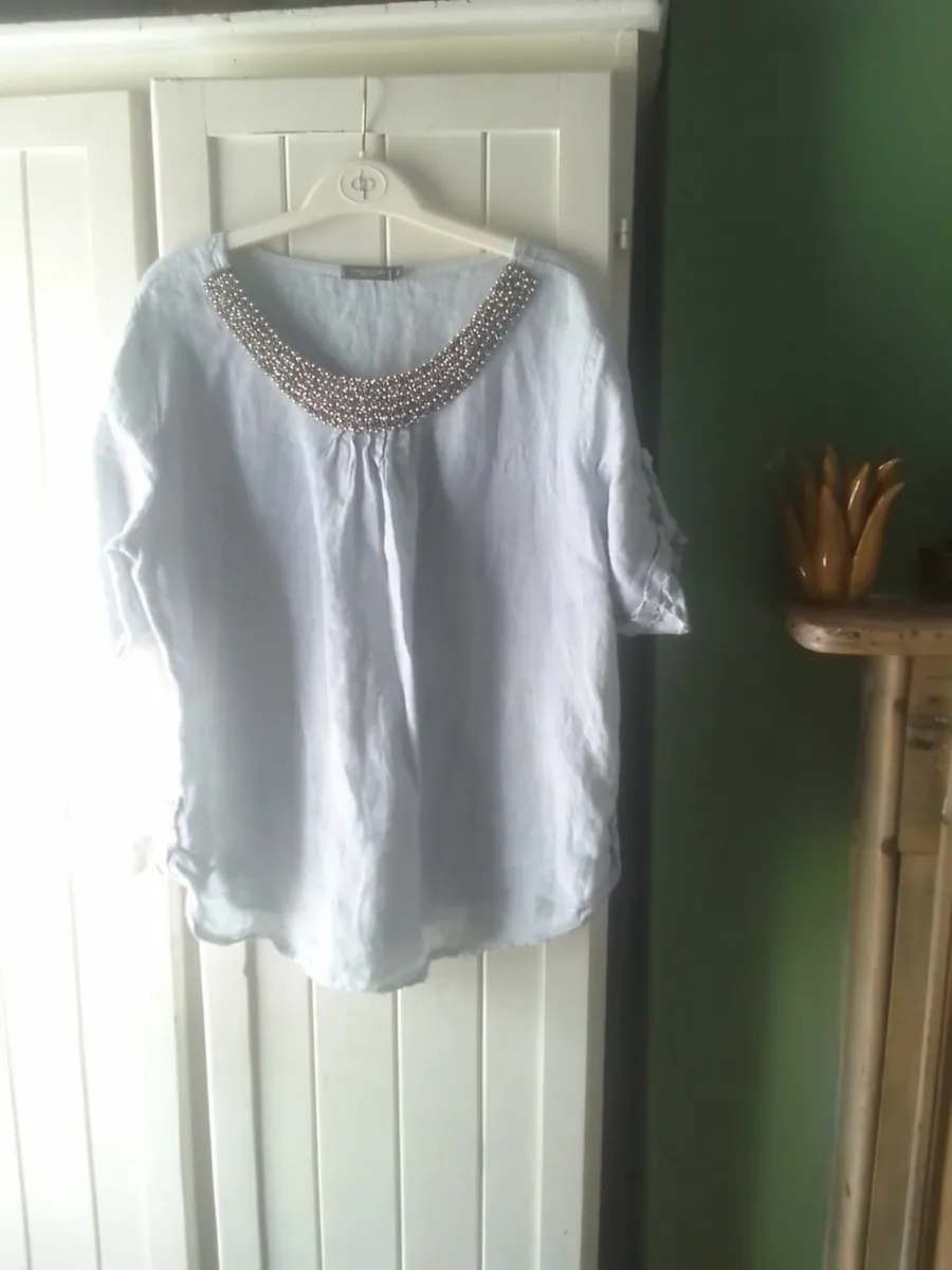 LINEN 100%GREY BEADED DESIGNER TOP SIZE 16 - Image 2