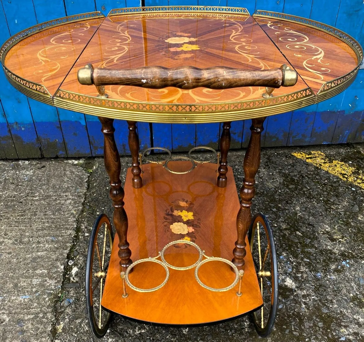 Vintage Italian Marquetry Two Tier Drop-Leaf Bar C - Image 2