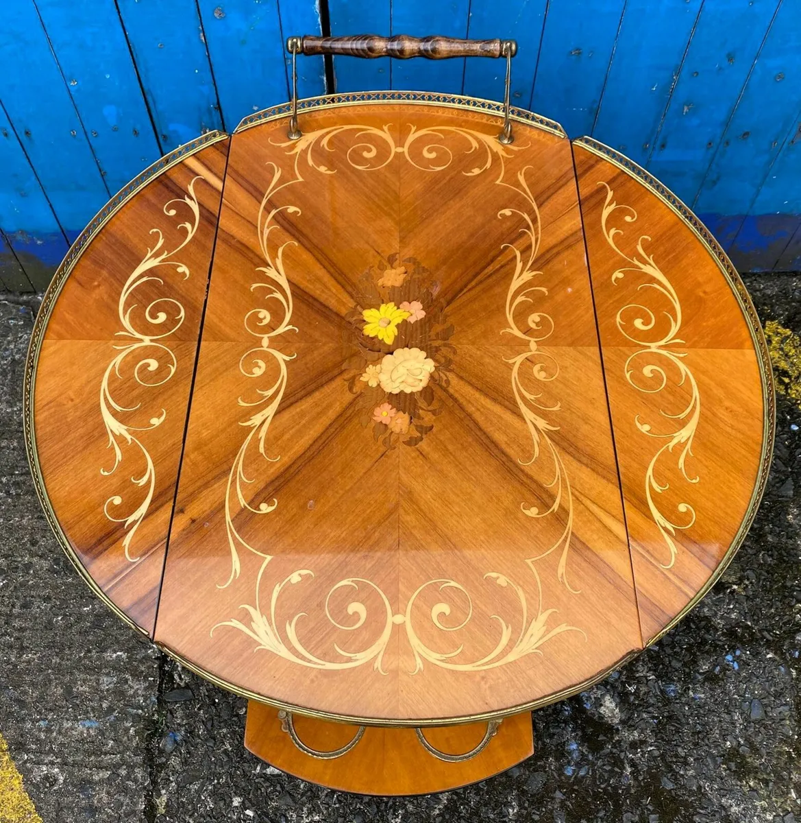 Vintage Italian Marquetry Two Tier Drop-Leaf Bar C - Image 3