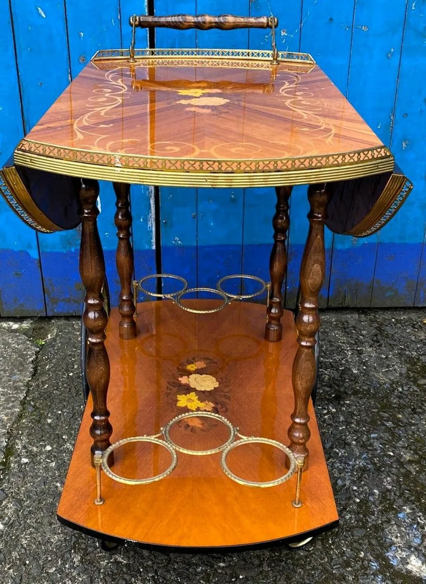 Vintage Italian Marquetry Two Tier Drop-Leaf Bar C - Image 4
