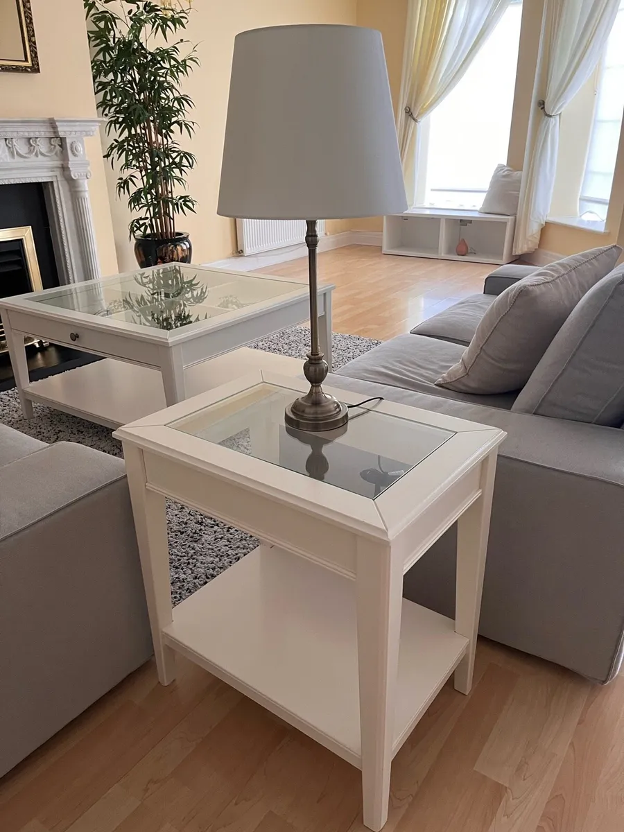 Elegant White End Table with Glass Top - Image 1