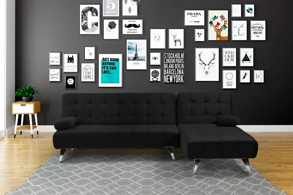 Nordic Corner Sofa Bed with Chaise Longue, Black - Image 1