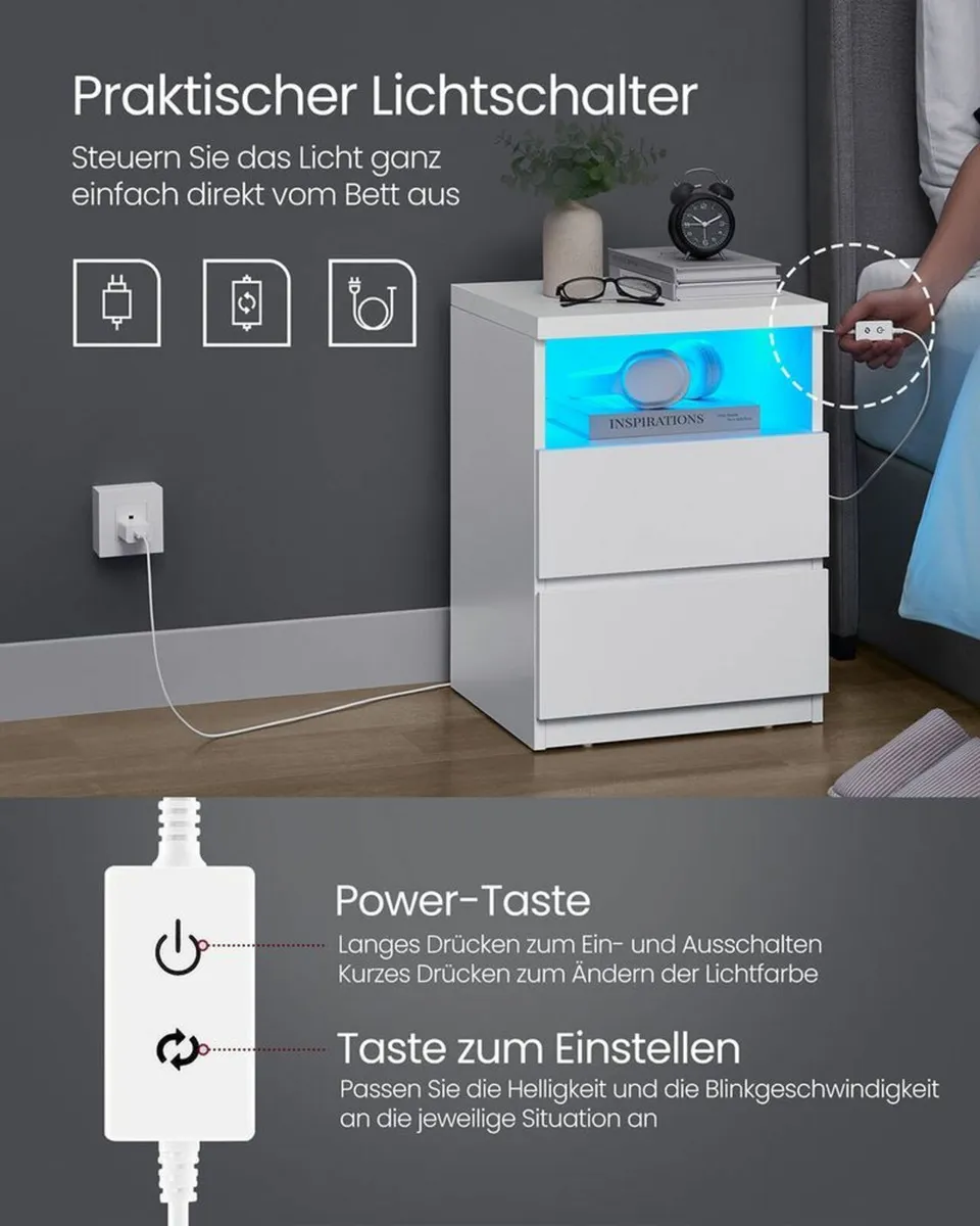 White LED Bedside Table with 3 Drawers Adjustable - Image 2