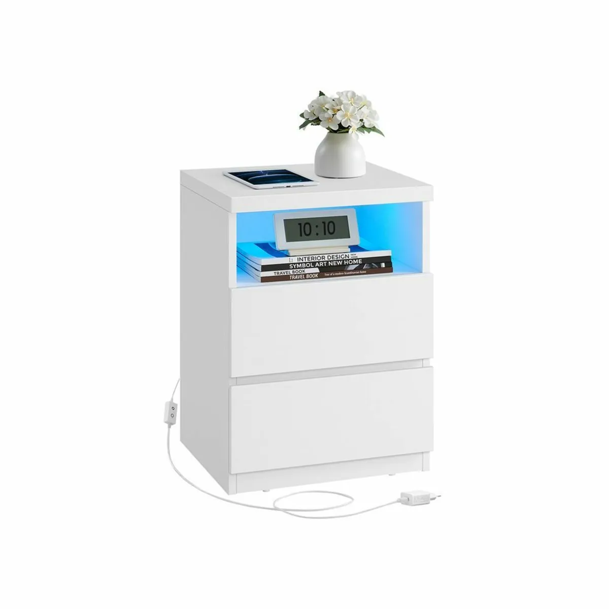 White LED Bedside Table with 3 Drawers Adjustable - Image 1