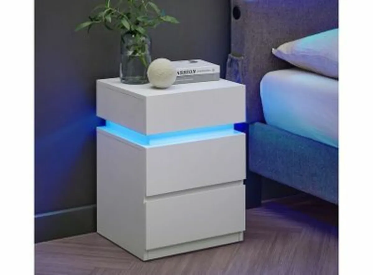 Set of 2 White LED Bedside Table with 3 Drawers Ad - Image 3