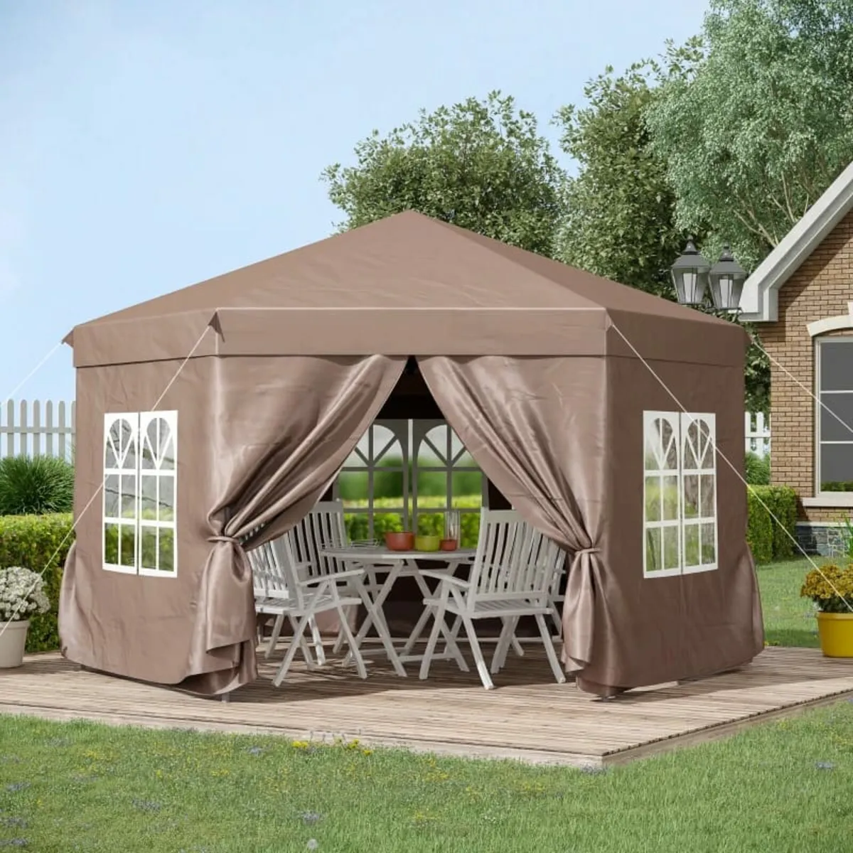 4m x 4m Hexagonal Metal Frame Garden Gazebo Brown - Image 3