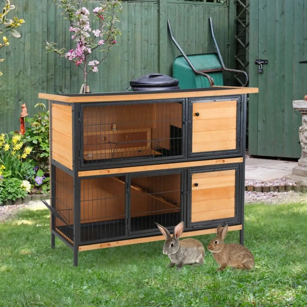 Wooden Metal Rabbit Hutch Pet House Bunny w/ Slide - Image 3