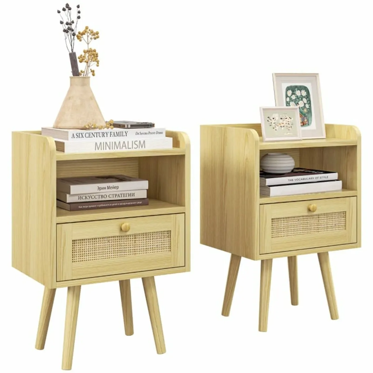 Set of Two Rattan Weave Bedside Tables - Wood Effe - Image 1