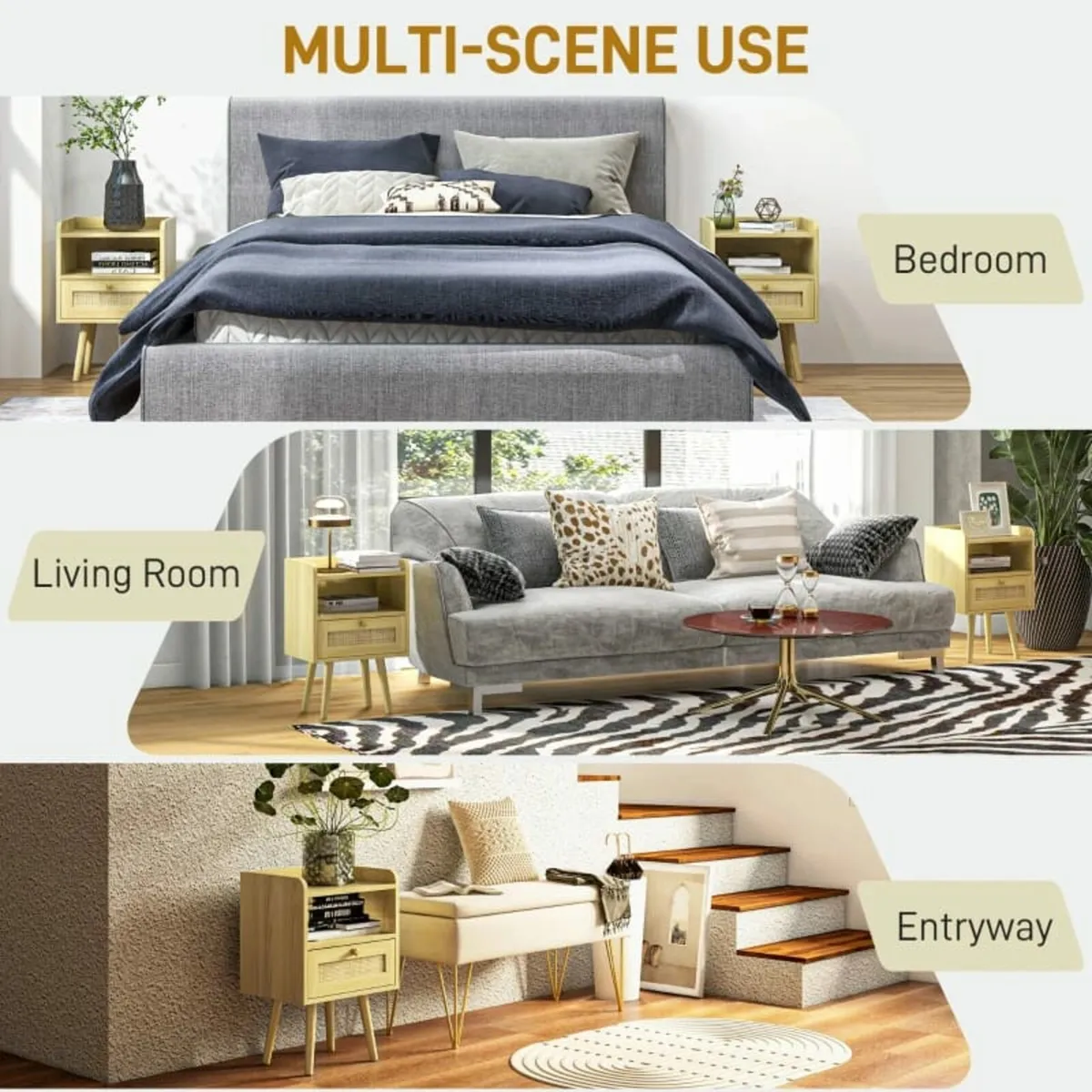 Set of Two Rattan Weave Bedside Tables - Wood Effe - Image 4