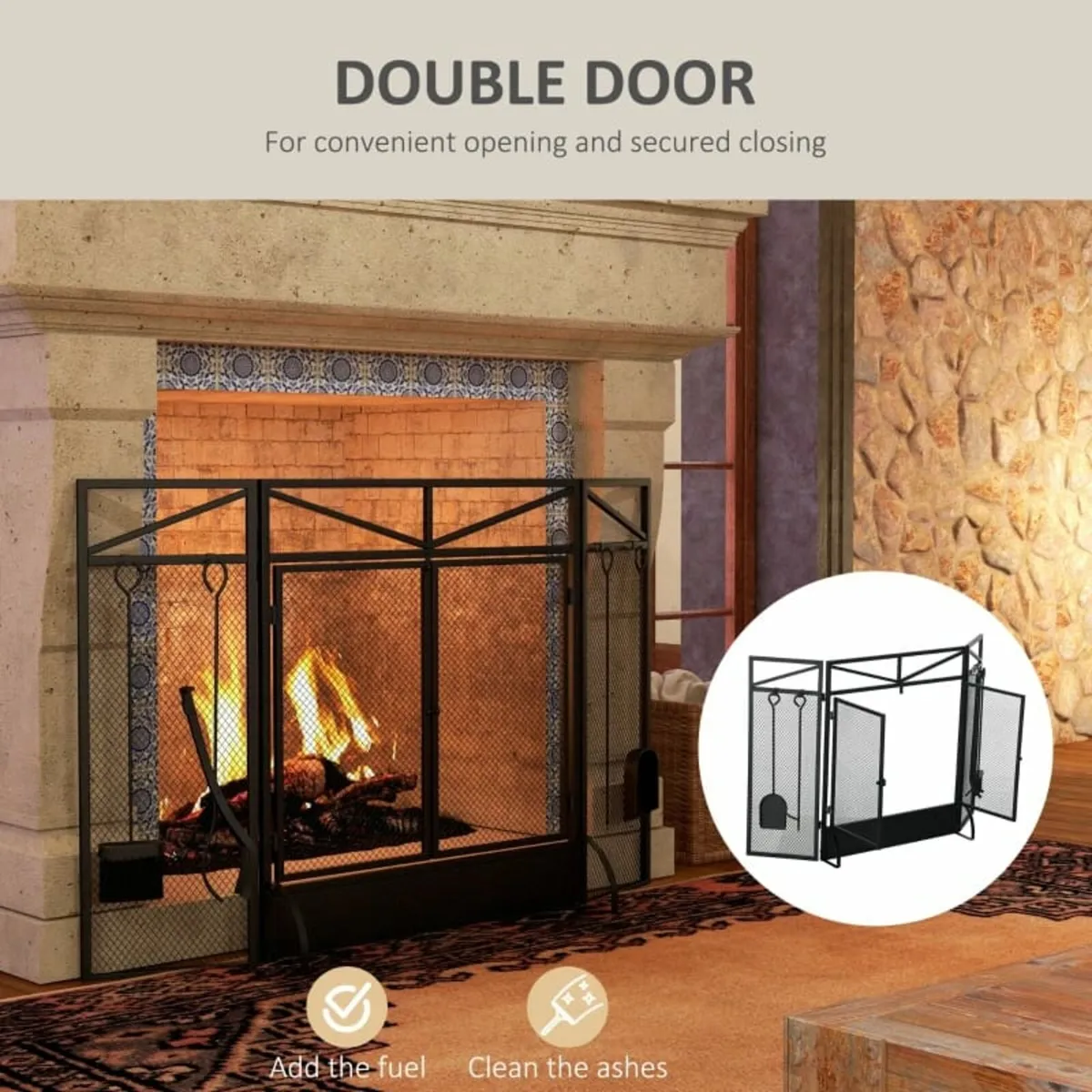 3 Panel Folding Fire Guard Screen with Fireplace T - Image 3