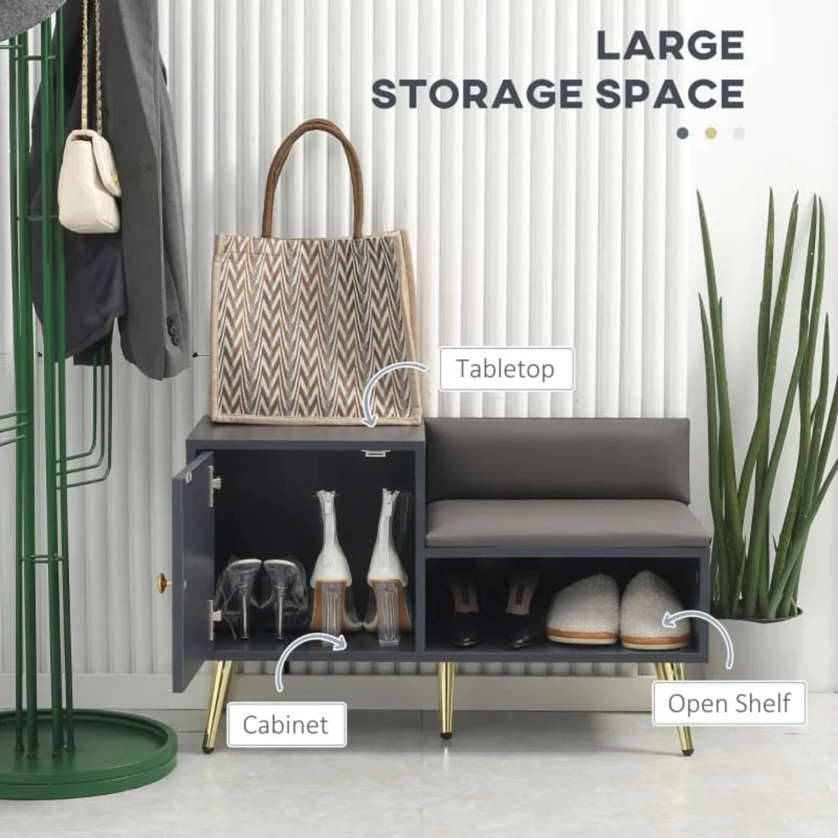 Shoe Storage Unit, with Padded Seat - Grey - Image 4