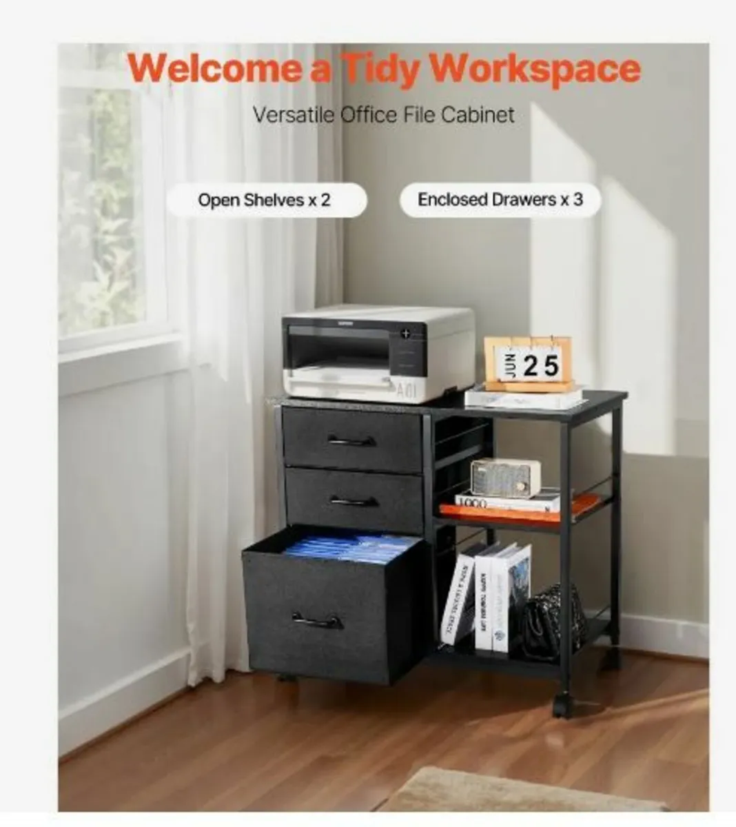 Mobile Metal File Cabinet with 3 Fabric Drawers - Image 4