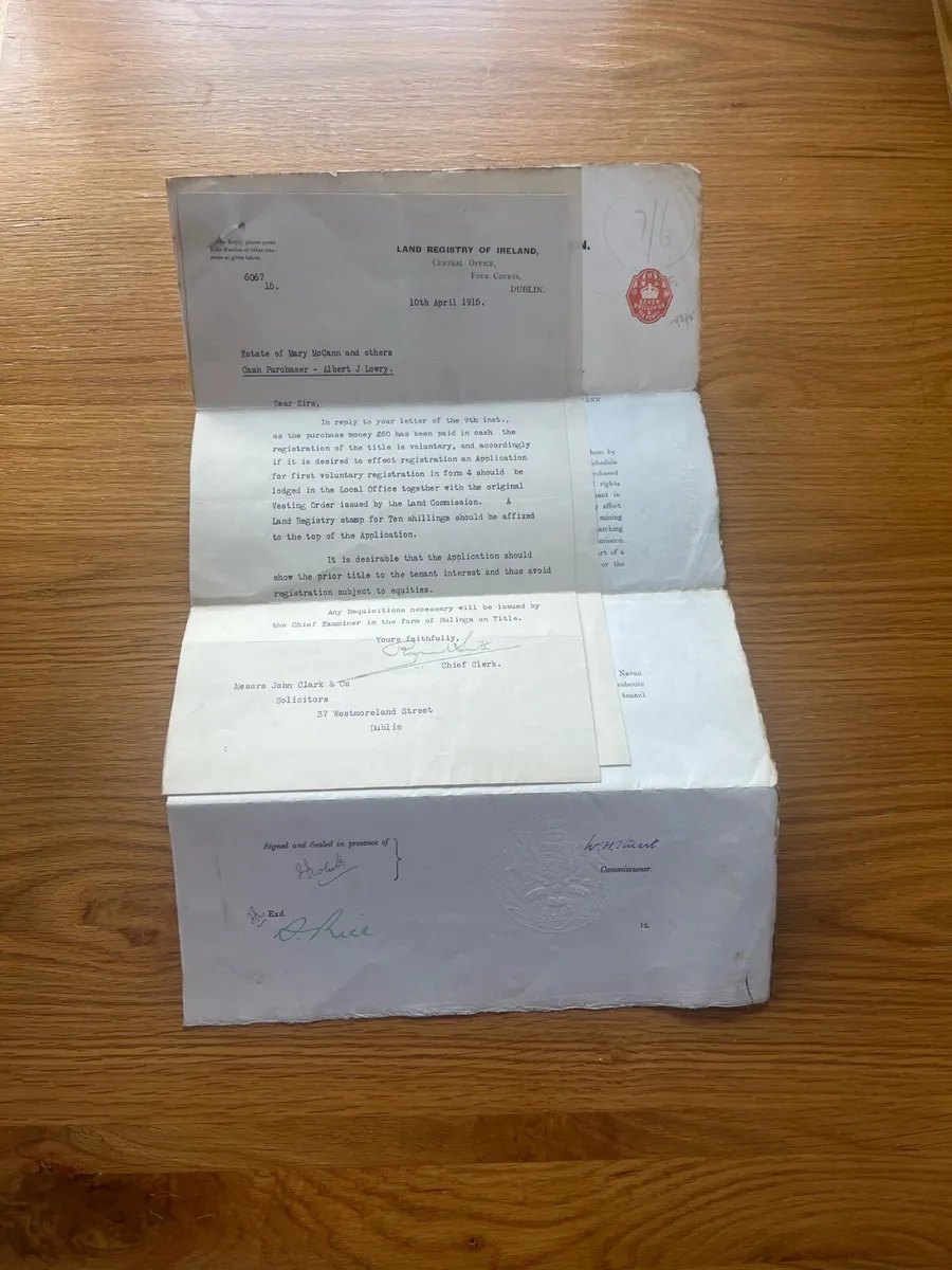 Antique 1915 Irish Land Commission Document - Image 1