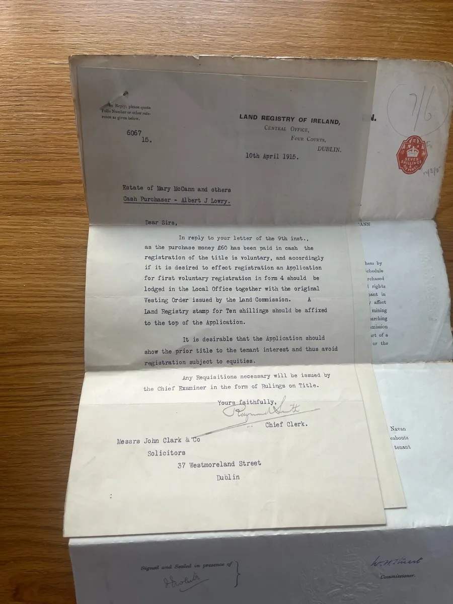 Antique 1915 Irish Land Commission Document - Image 2