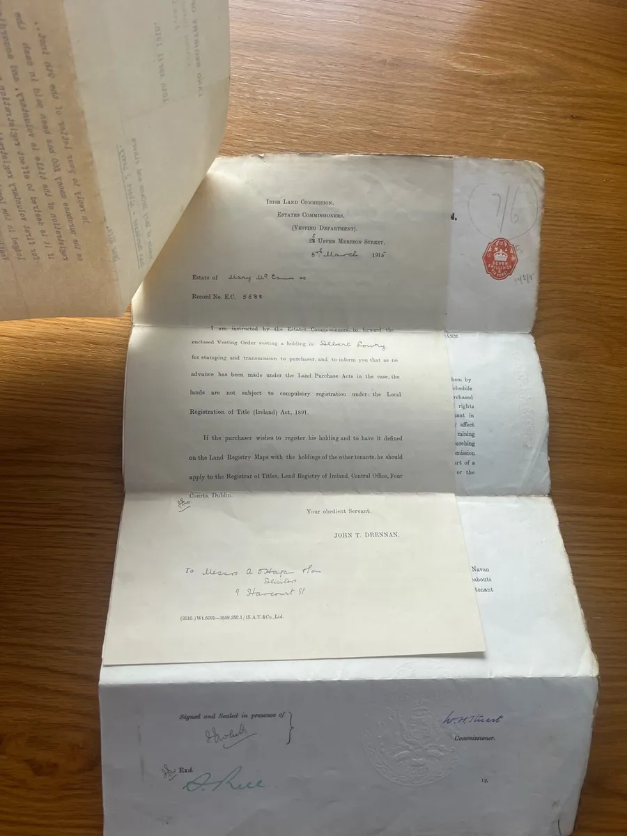Antique 1915 Irish Land Commission Document - Image 3