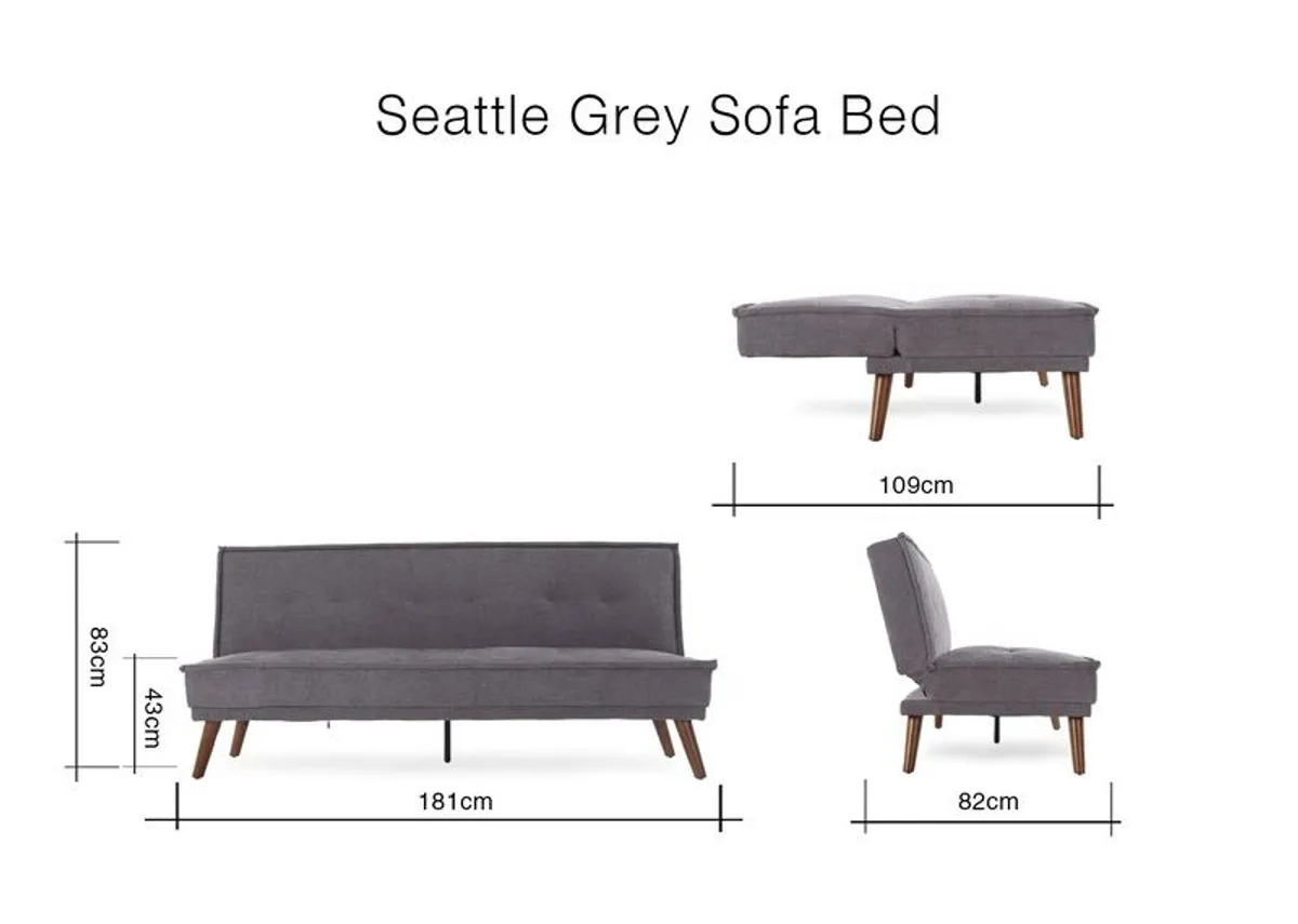 3 Seater Grey Fabric Sofa Bed - Seattle 82-109cm d  x  181cm w  x  83cm h - Image 2