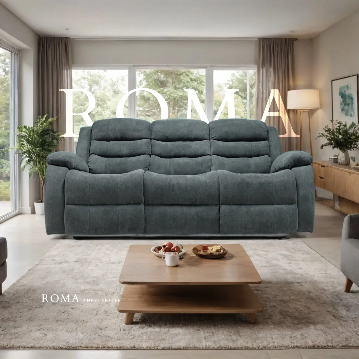 Roma 3-Seater Dark Grey Fabric Manual Recliner - Image 1