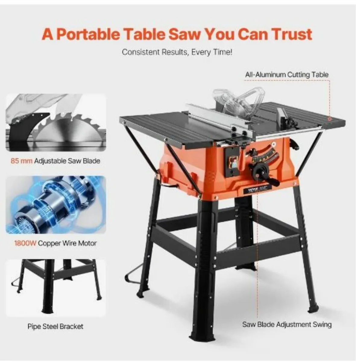Table Saw with Stand, 1800 W Portable Compact - Image 2