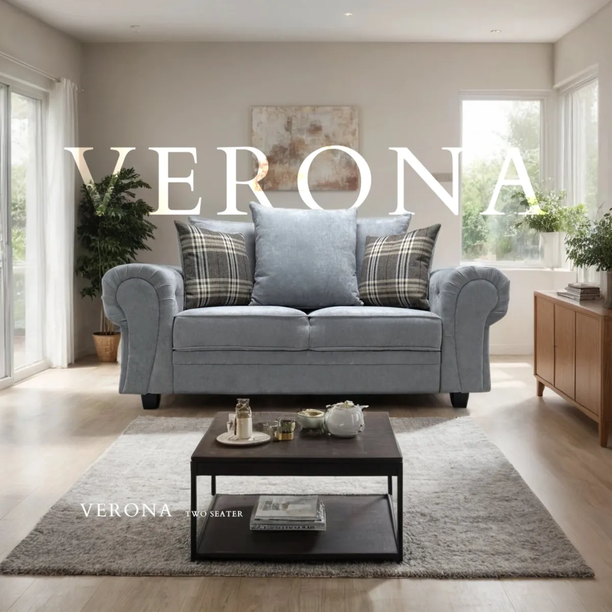 Verona 2-Seater Scatterback Grey Fabric Sofa - Image 1