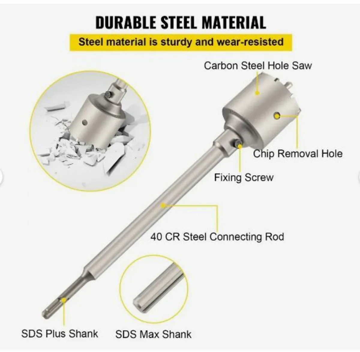 Concrete Hole Saw Kit, 30/40/65/80/100mm - Image 2