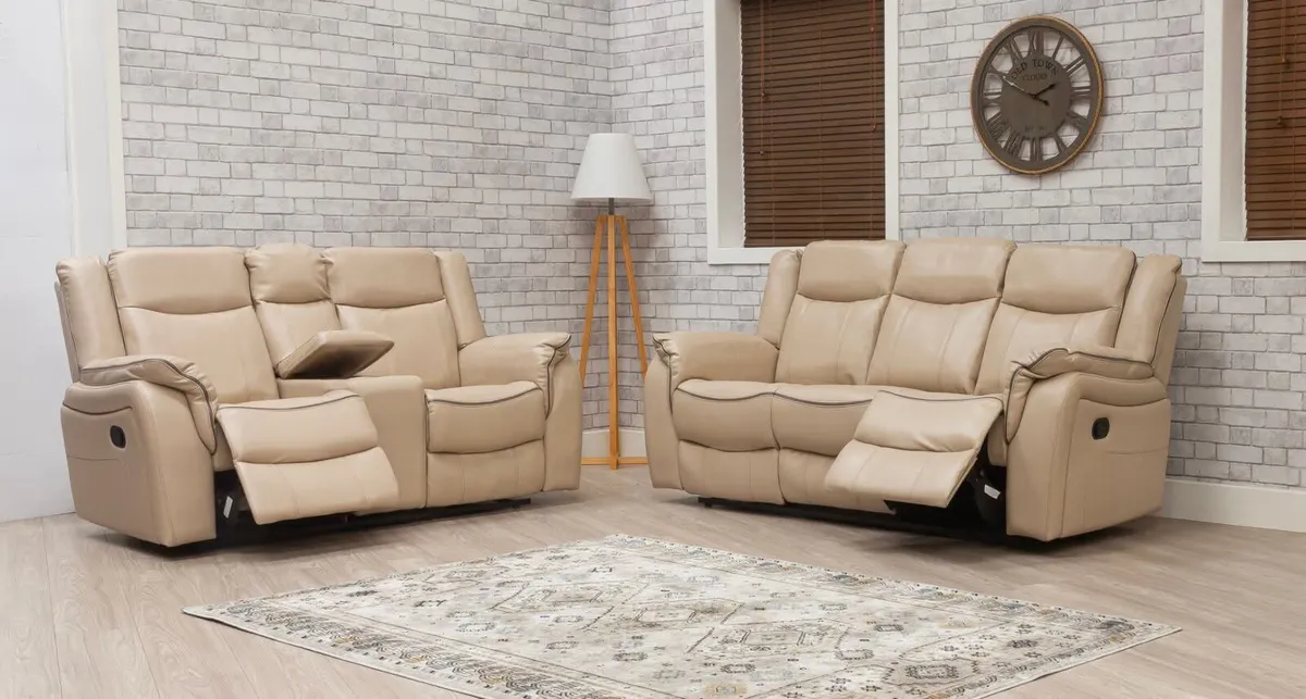 New Brooklyn Beige Leather Recliner Sofa - Image 1