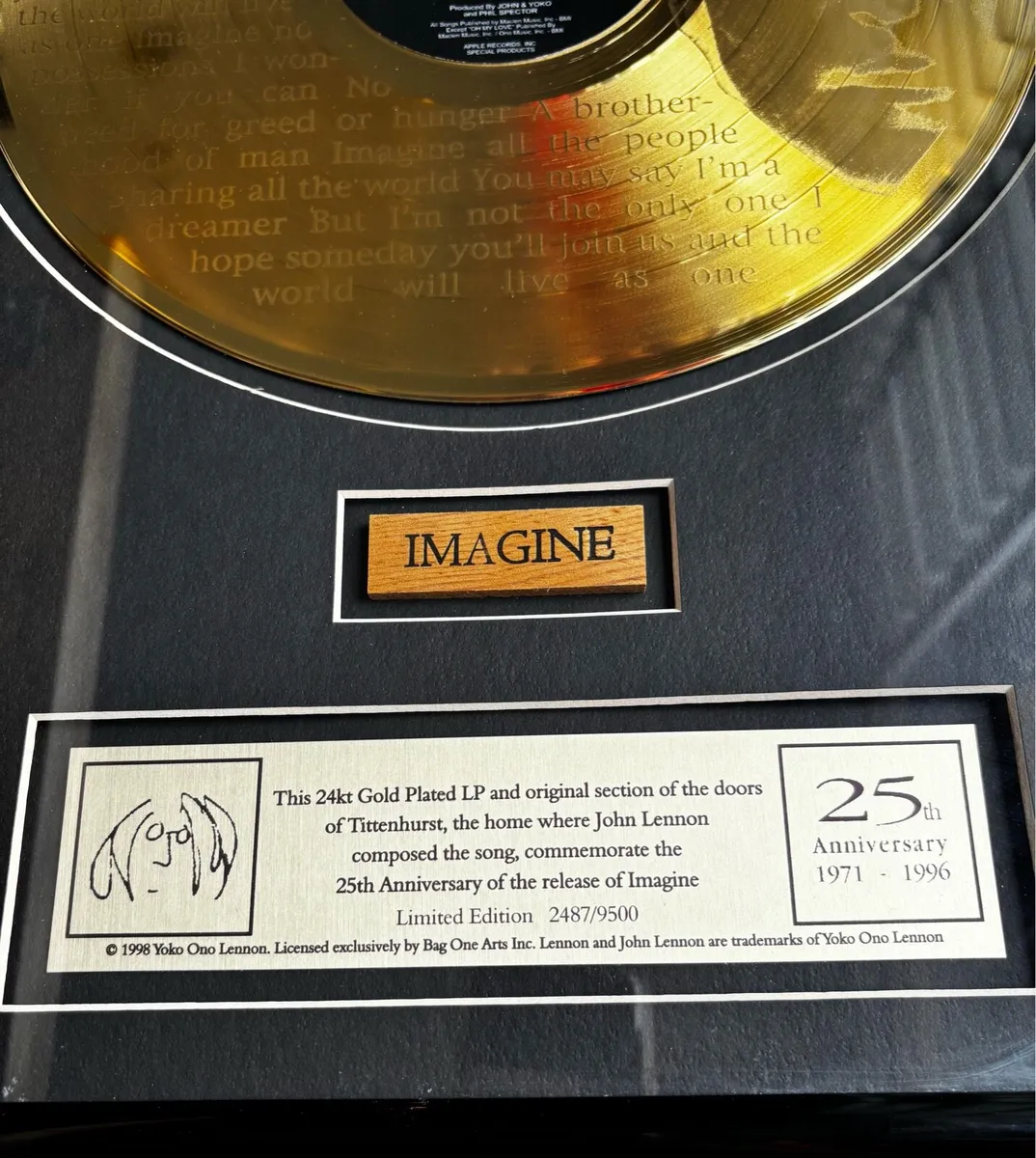 John Lennon Ltd Edition ‘Imagine’ Gold Record RARE - Image 2