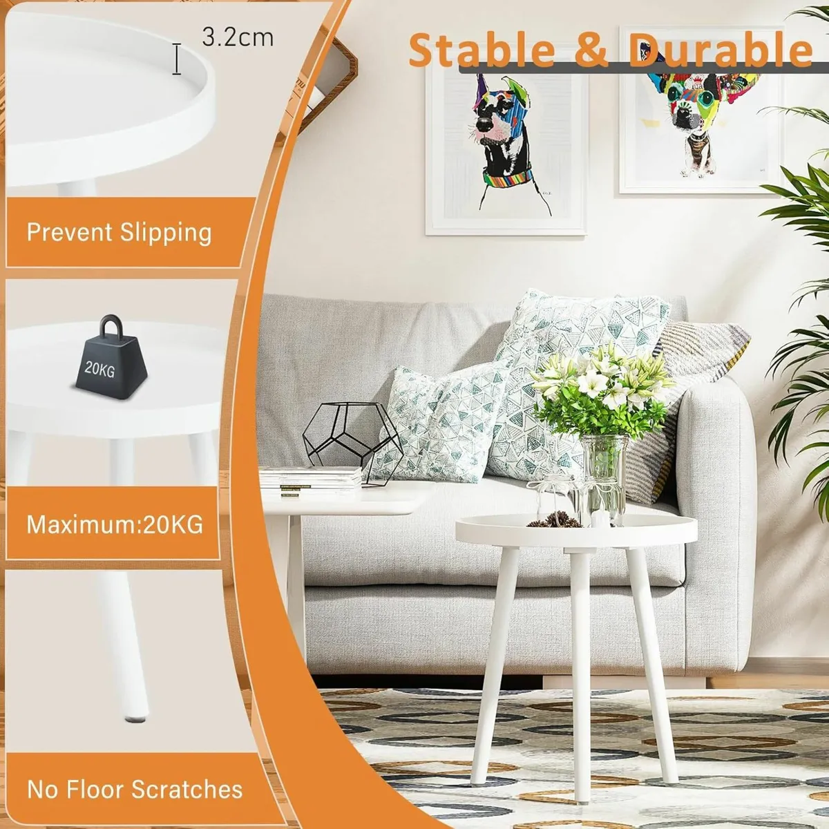 White Side Table of 2, Modern Coffee End Table - Image 3