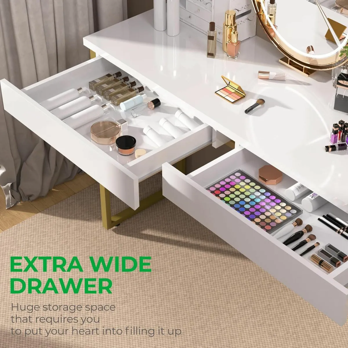 Dressing Table 2 Drawers Glossy White Office desk - Image 3