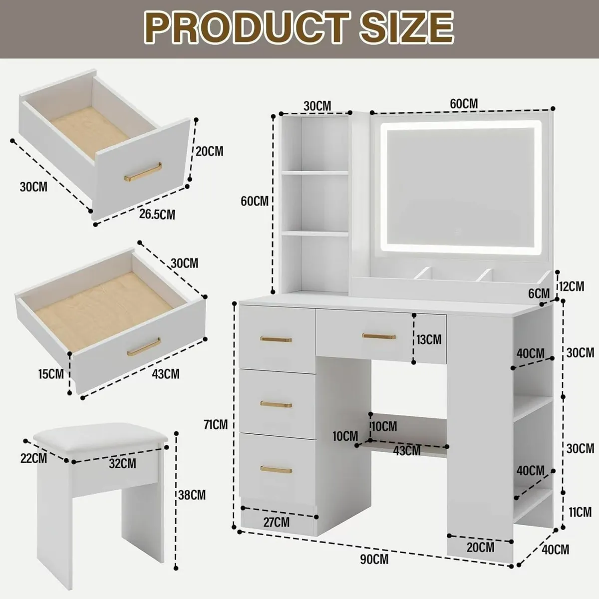 Dressing Table, Vanity Desk Mirror Drawers white - Image 2