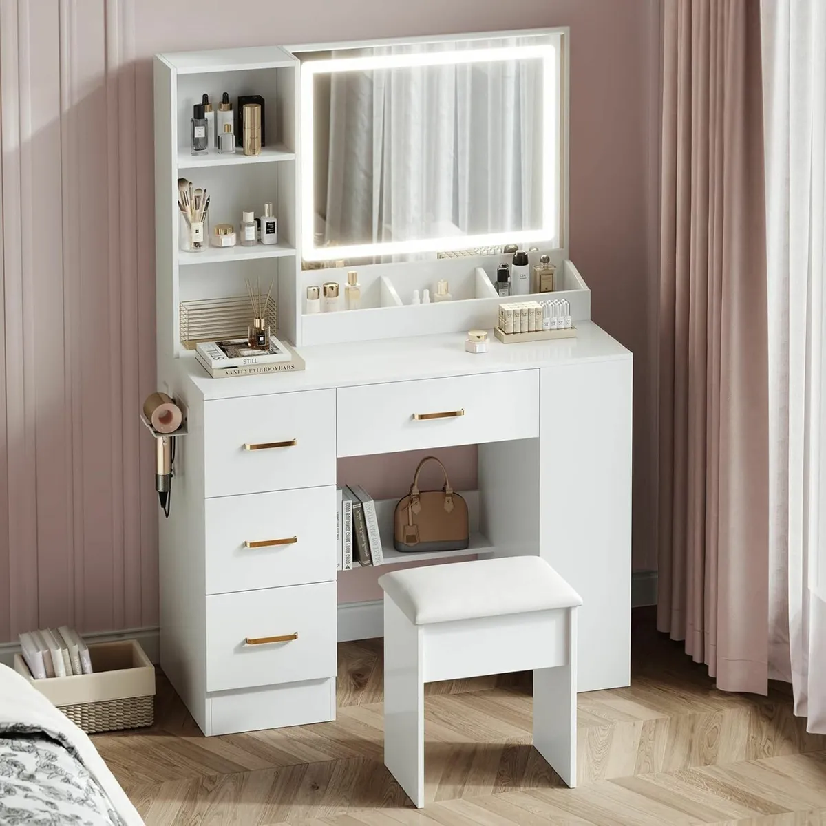 Dressing Table, Vanity Desk Mirror Drawers white - Image 1