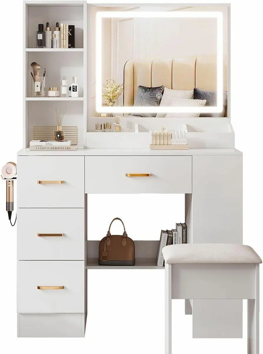 Dressing Table, Vanity Desk Mirror Drawers white - Image 4