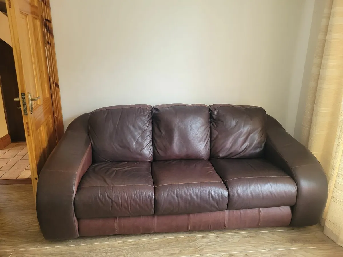 3 Seater and Armchair Brown Leather - Image 3