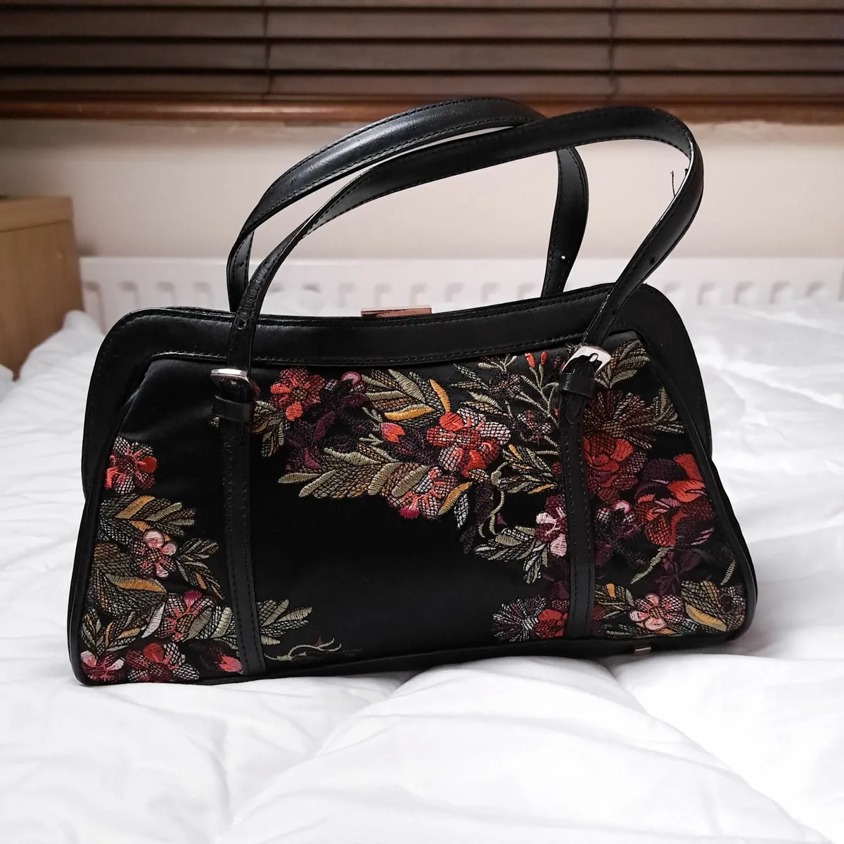 Karen Millen Black Silk Embroidered Floral Handbag - Image 1
