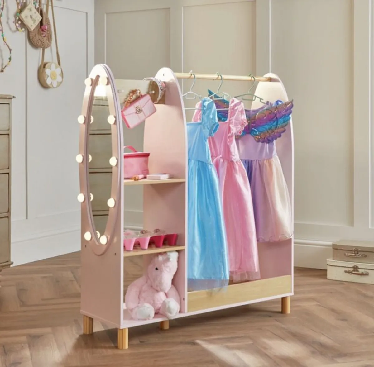 Dimples Wooden Dress-Up Rack with Light-Up Mirror including DISNEY princess dresses! - Image 1