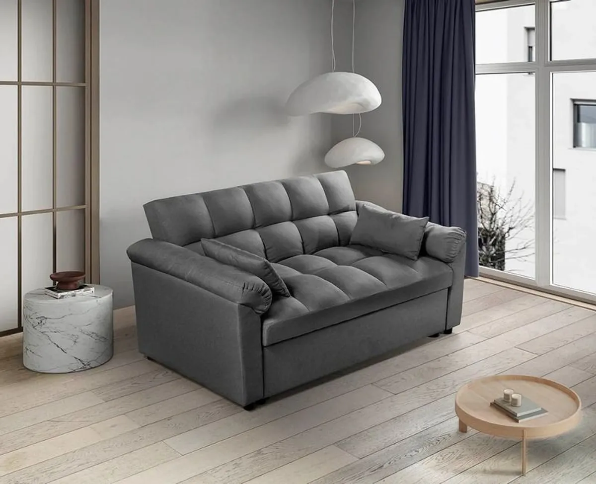 Grey pull-out fabric double sofa bed compact 2 seater sleeper for modern homes in Ireland. - Image 2