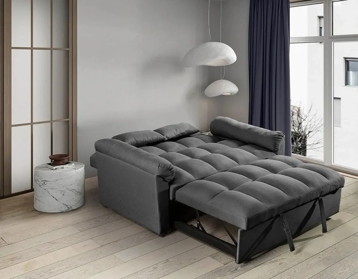 Grey pull-out fabric double sofa bed compact 2 seater sleeper for modern homes in Ireland. - Image 3