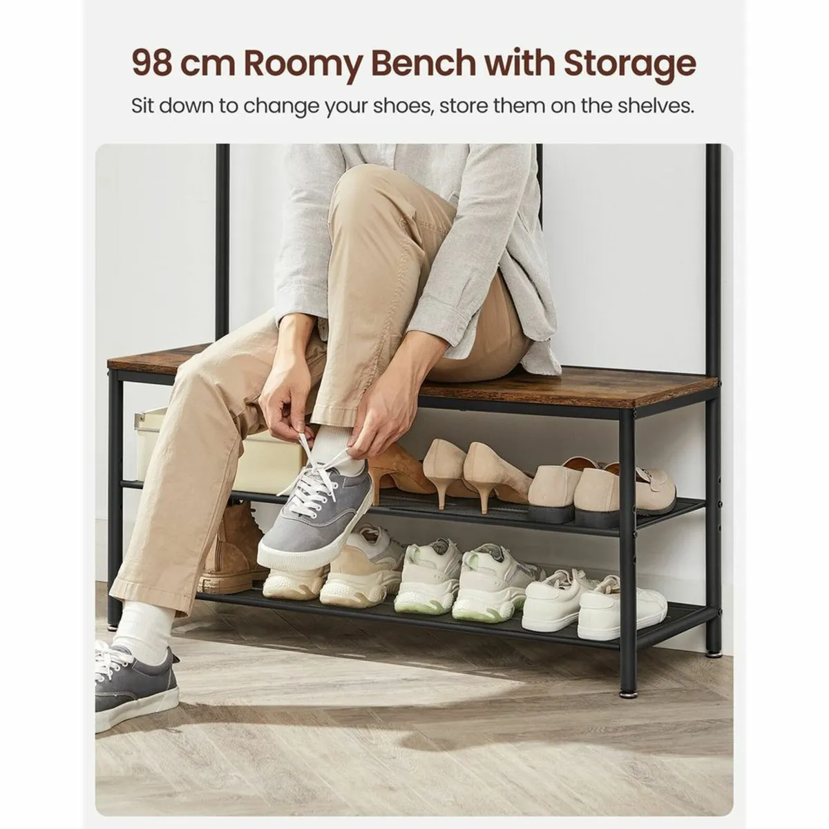 Coat Rack with Hooks, Clothes Rack with Mirror, Sh - Image 2