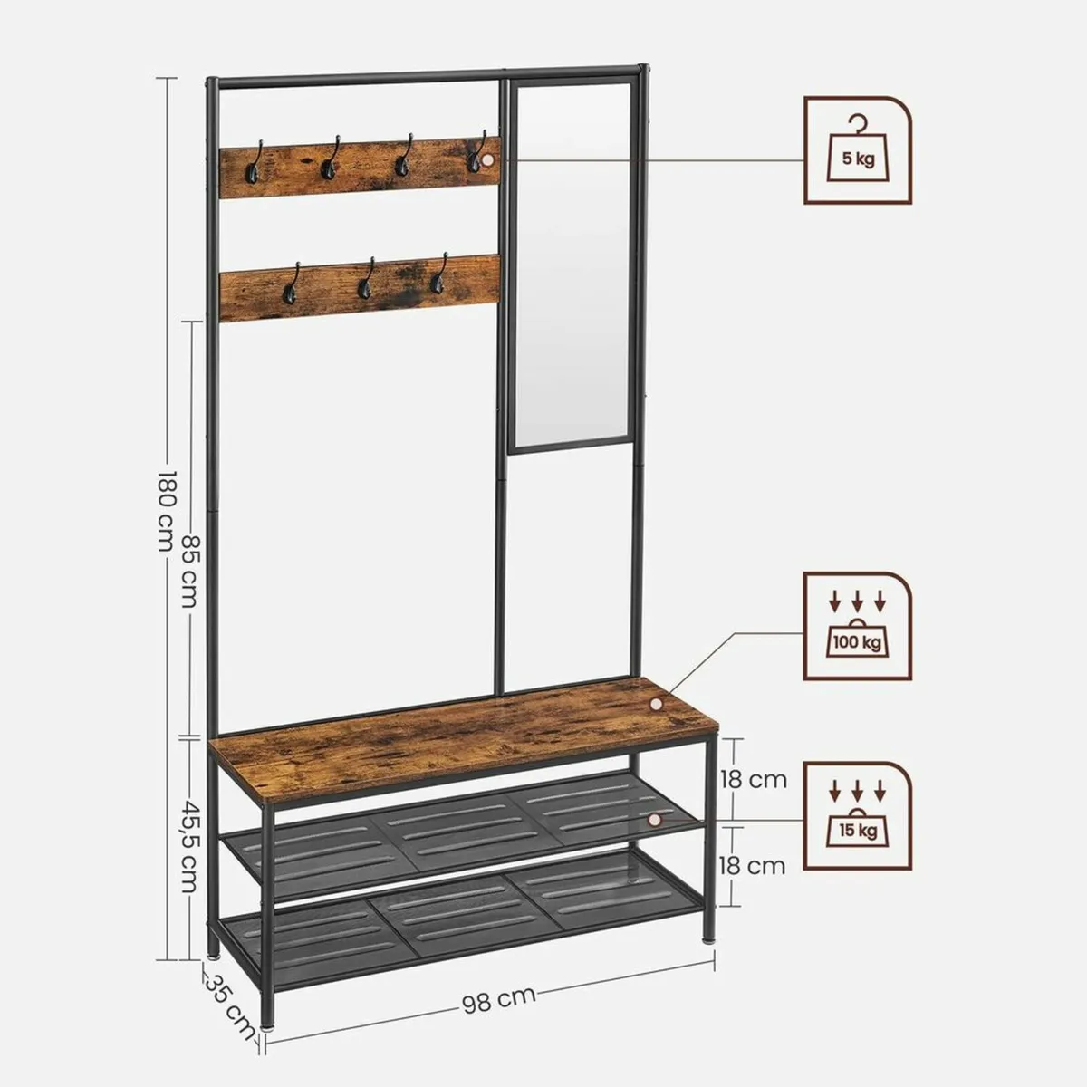 Coat Rack with Hooks, Clothes Rack with Mirror, Sh - Image 3