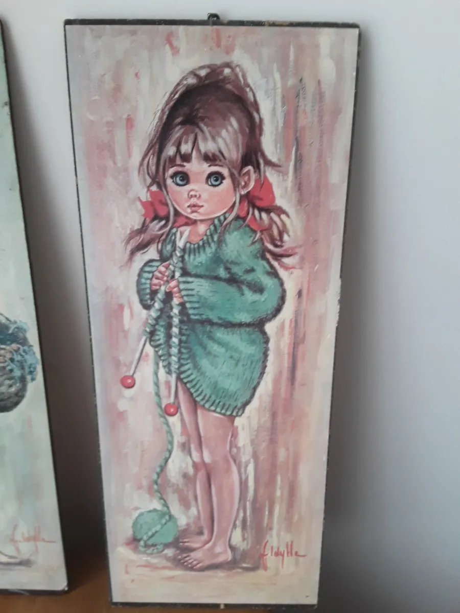 Two pictures big eyed boy and girl on plaque retro - Image 2