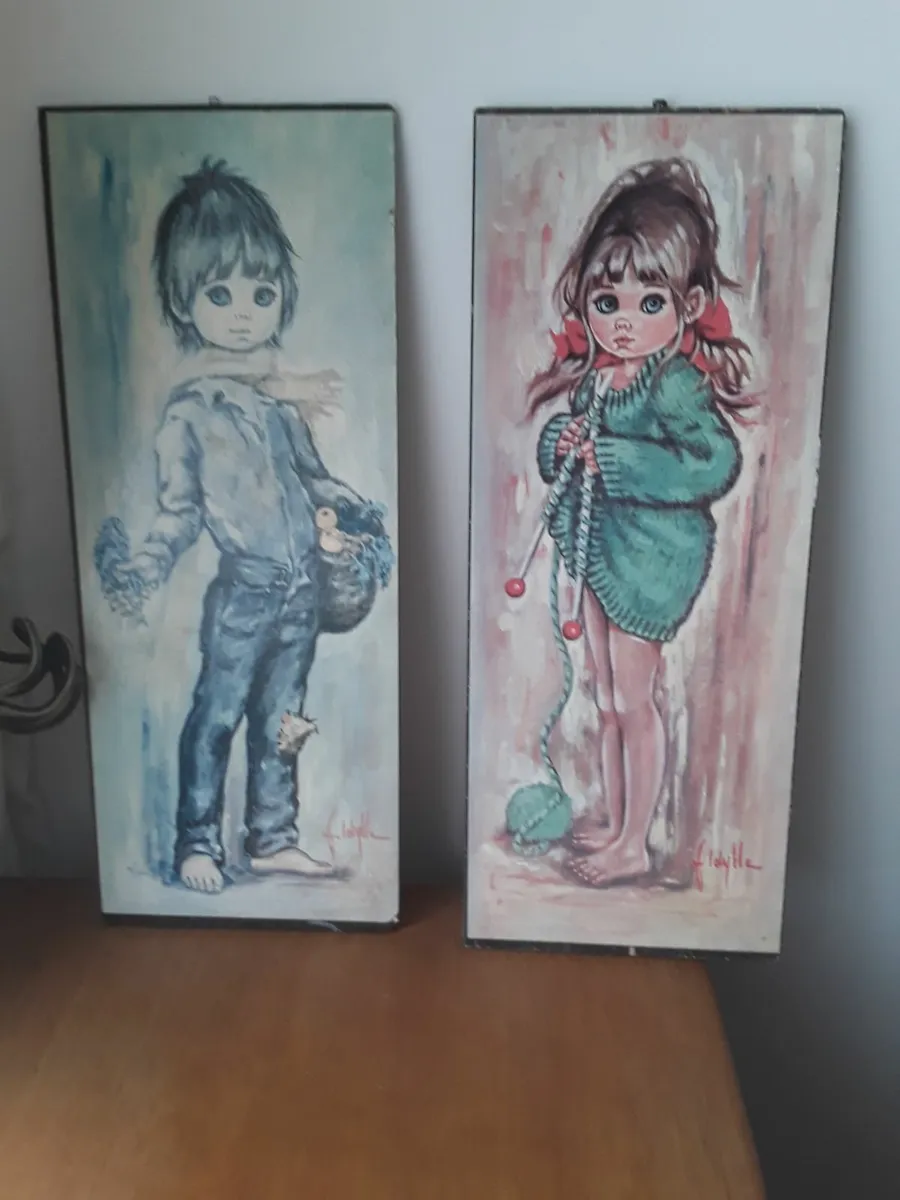 Two pictures big eyed boy and girl on plaque retro - Image 1