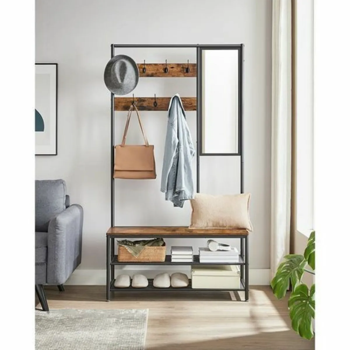 Coat Rack with Hooks, Clothes Rack with Mirror, Sh - Image 1