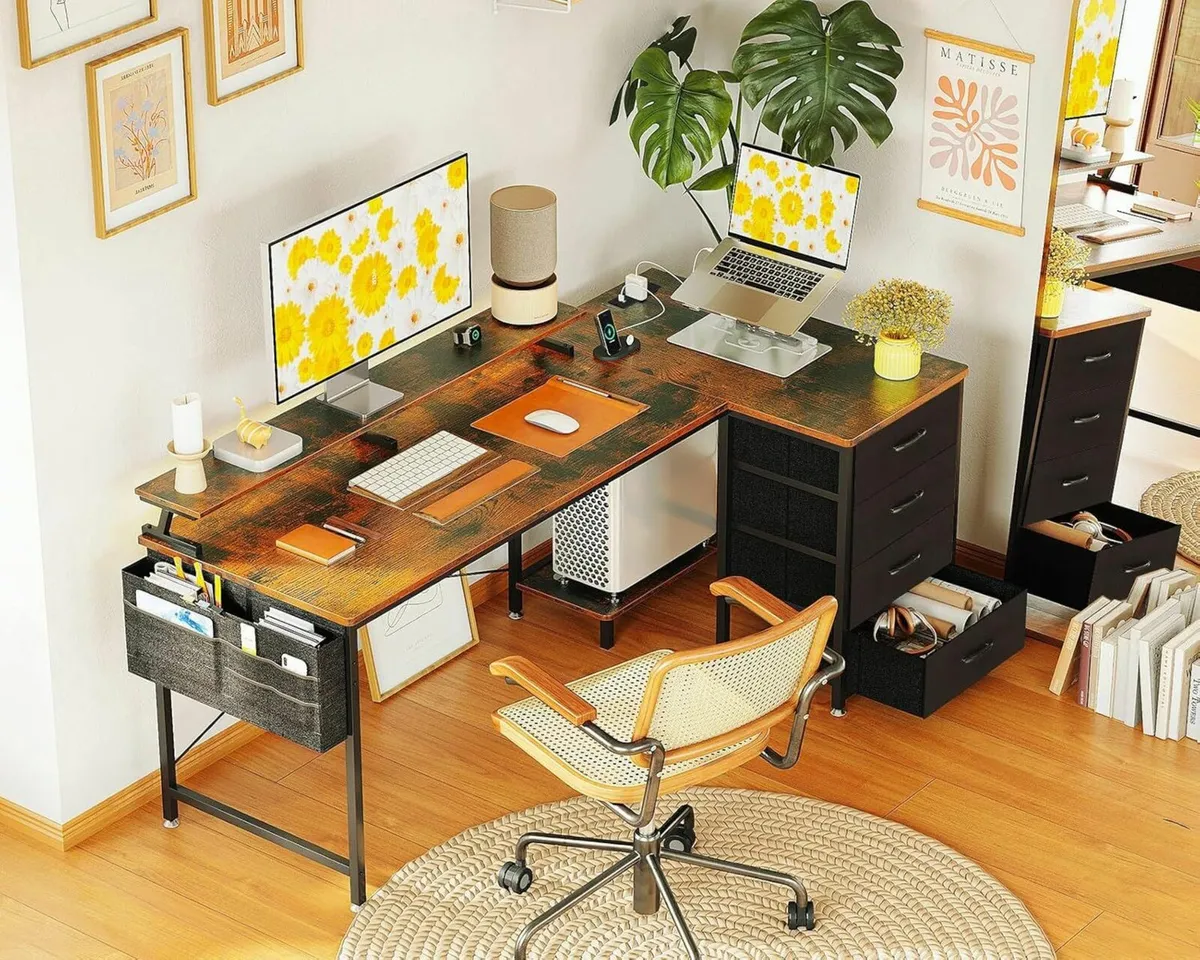 L Shaped Computer Desk Drawers 140x80cm Brown - Image 1