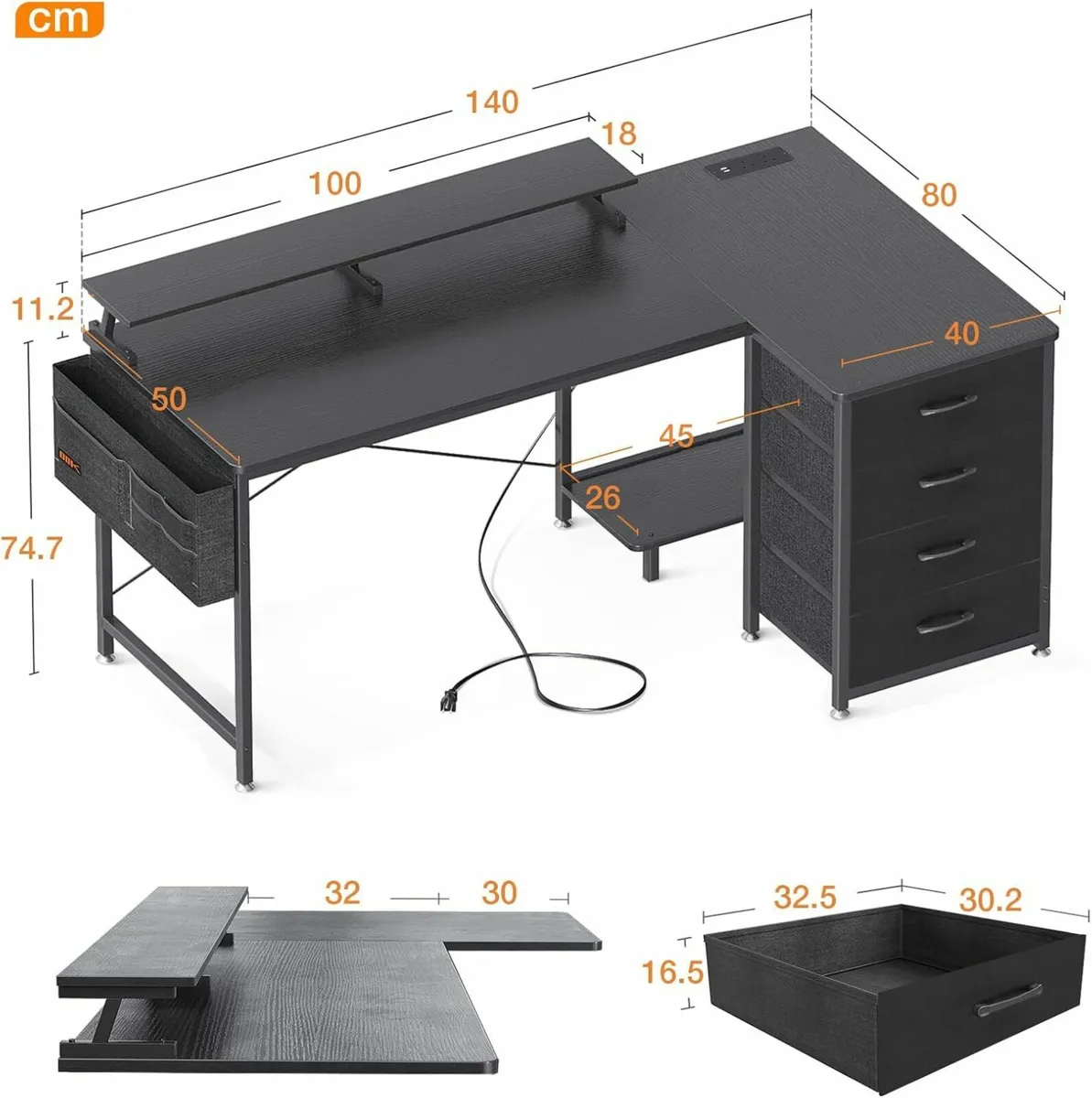 Corner Desk Office Drawers Computer 140x80cm - Image 3
