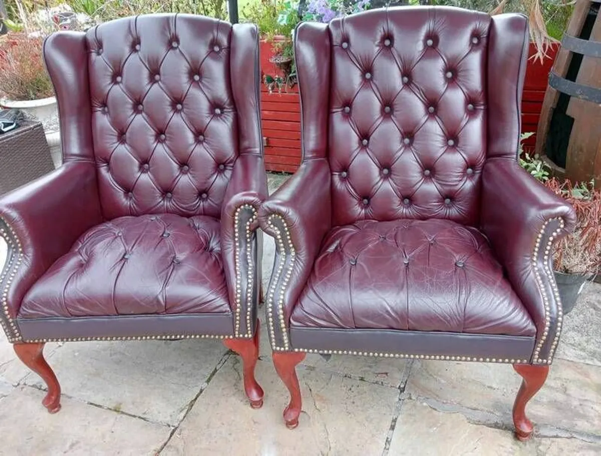 Pair Chesterfield Style Burgundy Wingback Armchairs - Image 1