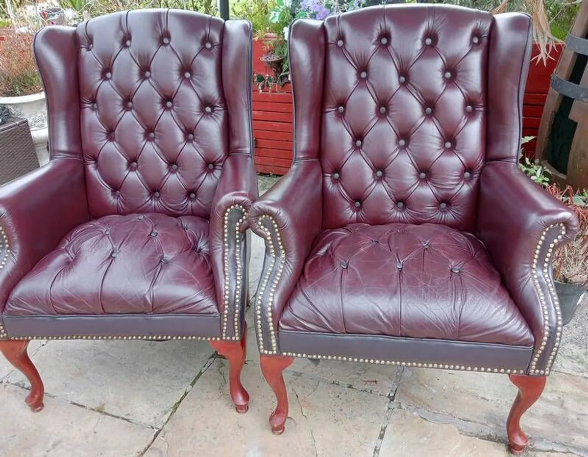 Pair Chesterfield Style Burgundy Wingback Armchairs - Image 2