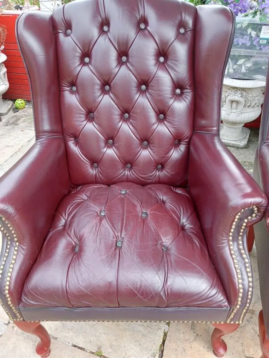 Pair Chesterfield Style Burgundy Wingback Armchairs - Image 3