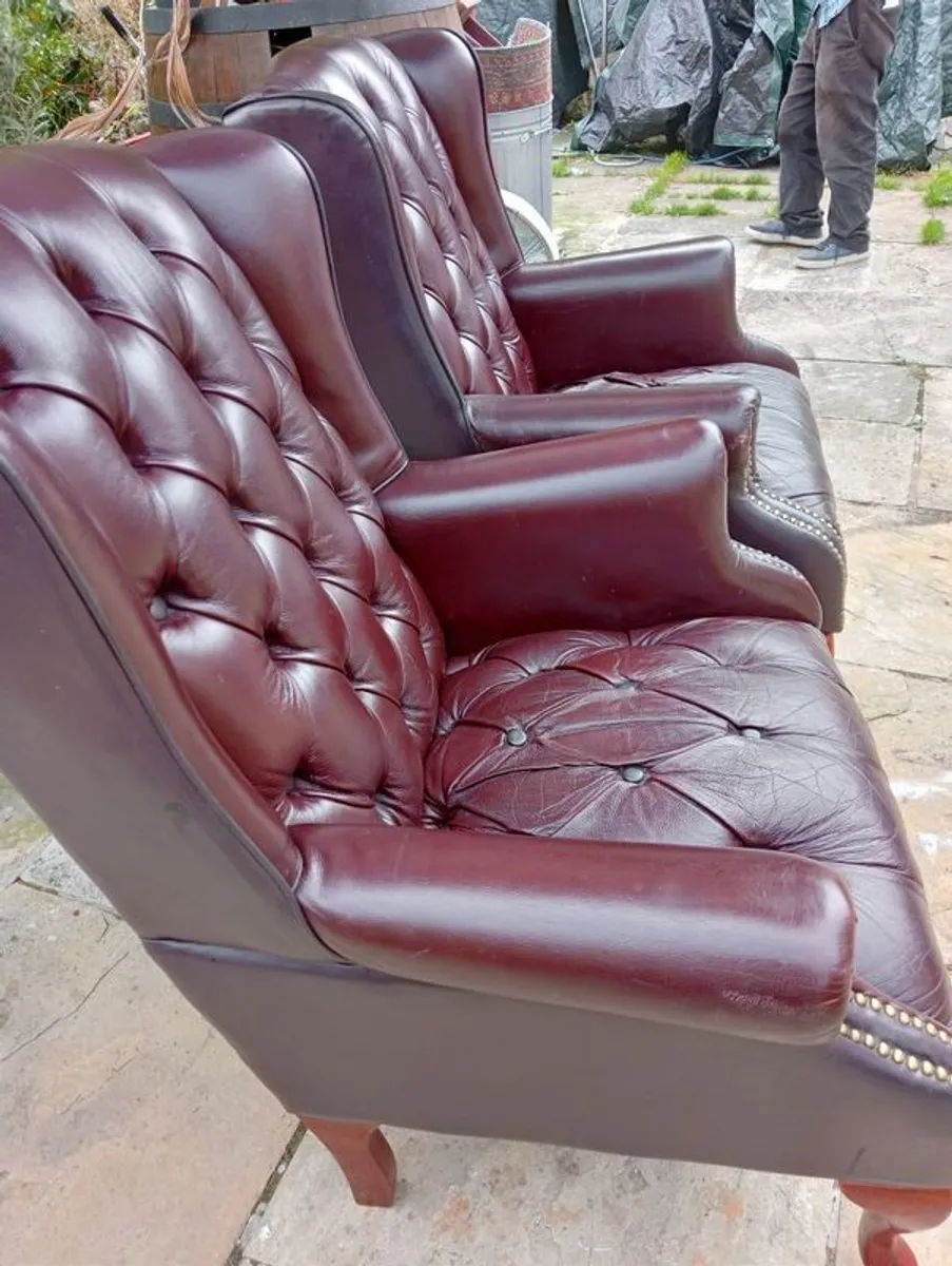 Pair Chesterfield Style Burgundy Wingback Armchairs - Image 4